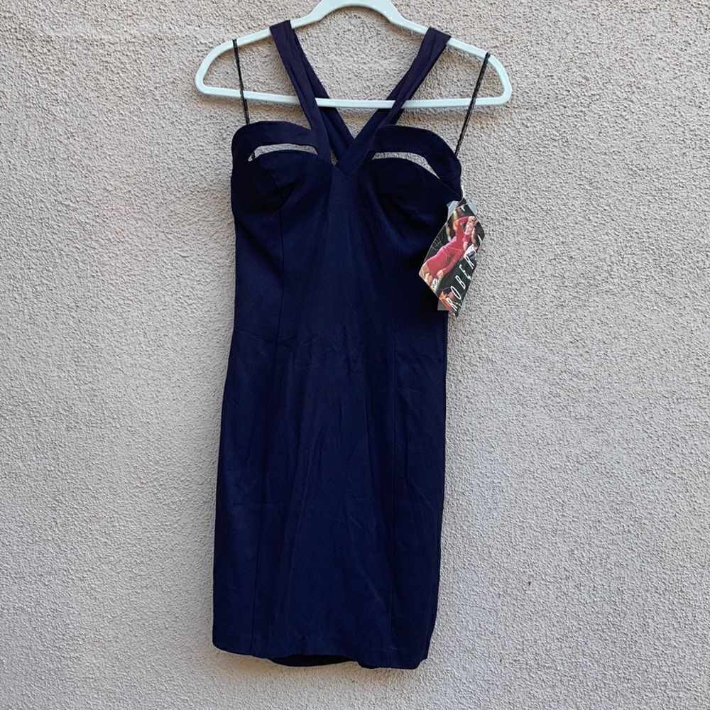 Roberta Bridal V Neck Strap Cut Out Slimming Front Navy 7/8 Zip Back Dress New